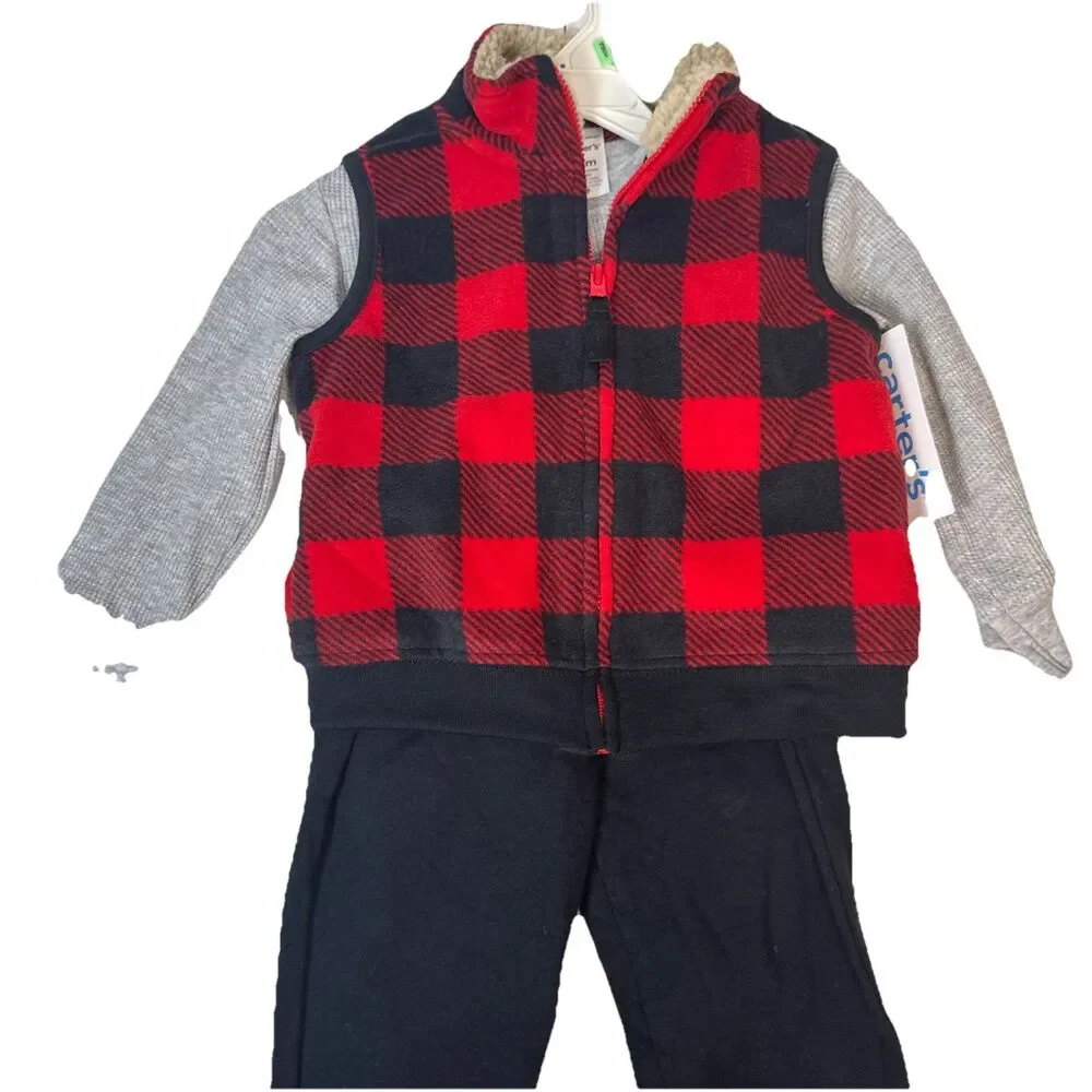 Carters 3 Piece Boys‎ Outfit 18 Months Plaid Vest Shirt Pants Red Black NWT
